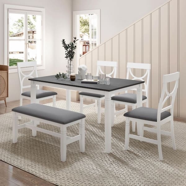 Dining Table Set: White Farmhouse Style, Charcoal Grey X-Back Chairs