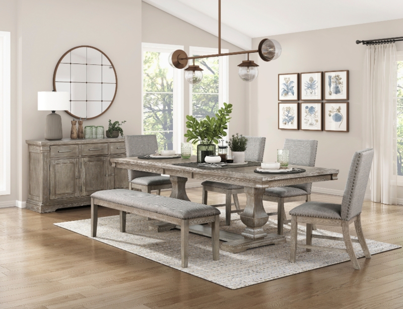 Dining Table Set: Wire Brushed Grey, Pedestal Base, Nailhead Trim
