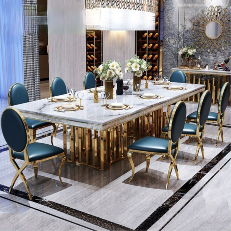 Dining Table Set with Teal Upholstery and Polished Gold Slat Base
