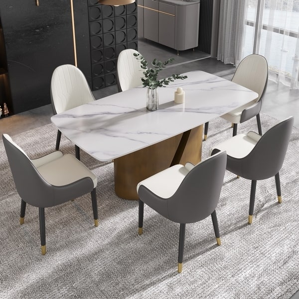 Dining Table: Sintered Stone Top with Gold Pedestal Base