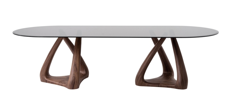 Dining Table Smoke Grey Glass Walnut Tripod Legs Sculptural Base