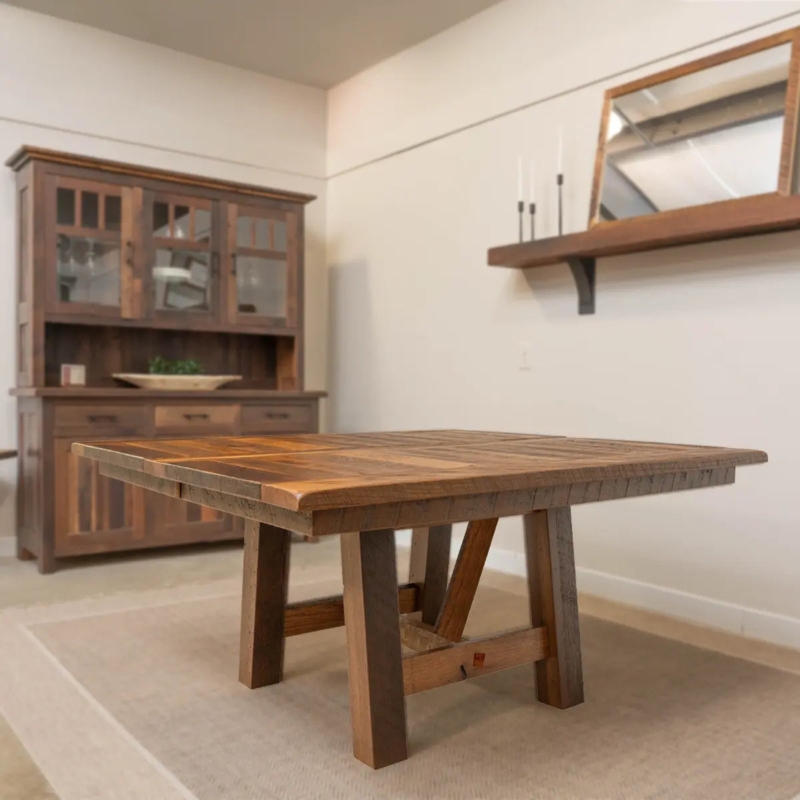 Dining Table Square Reclaimed Wood Angled Trestle Breadboard Ends