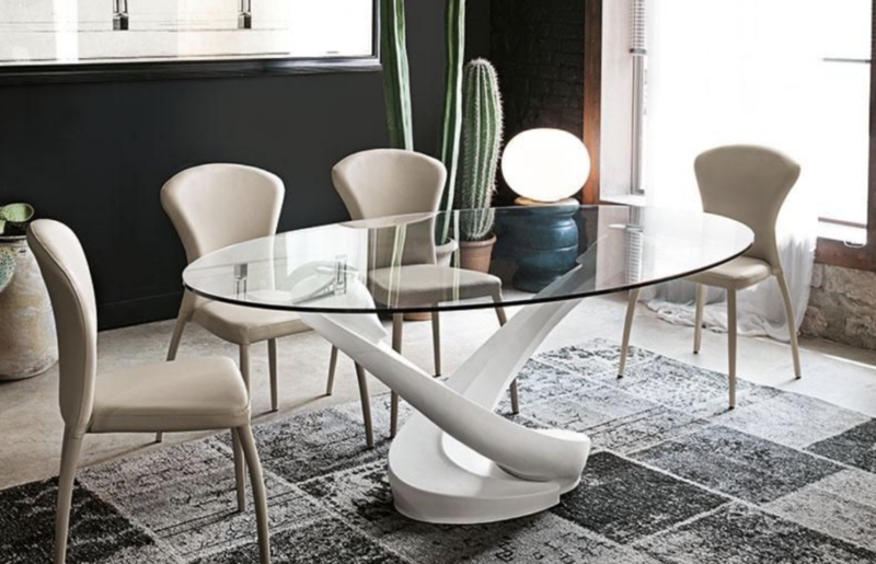 Dining Table Stark White Matte Sculptural Pedestal Base Glass Top