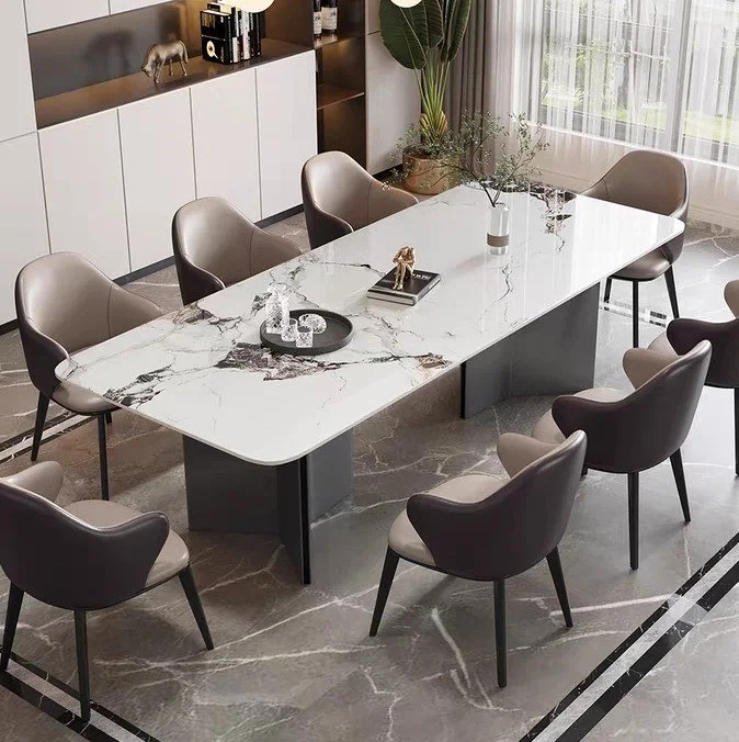 Dining Table: Stone Tile Top, Faceted Pedestal Base, Bi-Color Chairs