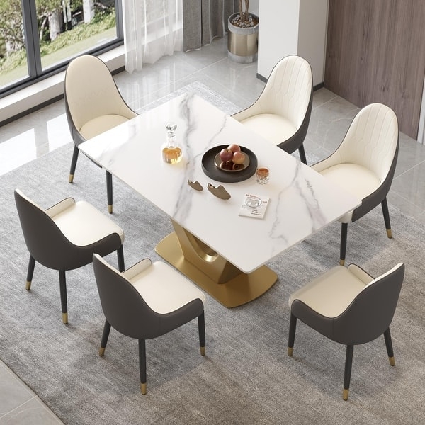 Dining Table: V-Shaped Gold Pedestal & Two-Tone Chairs