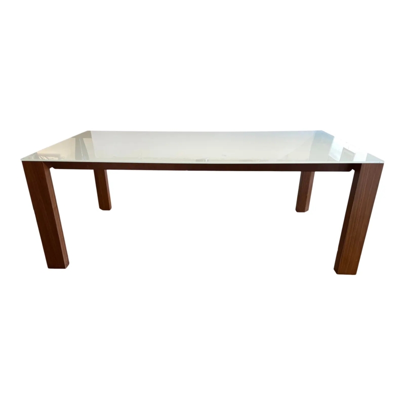 Dining Table White Glass Top Corner Legs Walnut Base Minimalist Modern