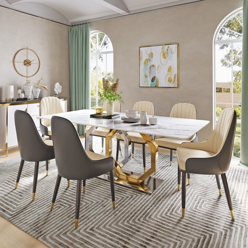 Dining Table with Hexagonal Gold Base and Channeled Upholstery
