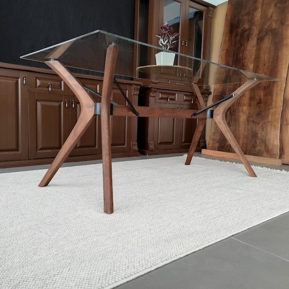Dining Table X-Frame Wood Legs Metal Bracing Glass Top Mid Century