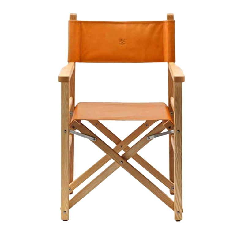 Director Chair Caramel Leather Like Wood Frame Natural Grain Portable
