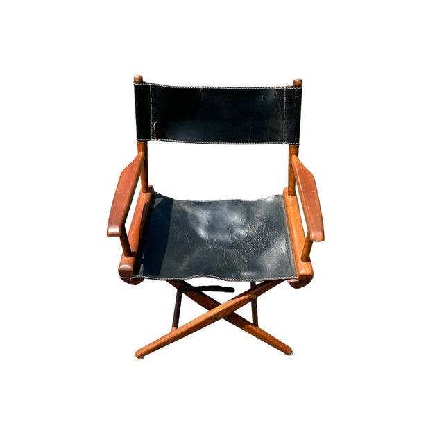 Director Chair Distressed Black Leather Like Amber Wood Mid-Century
