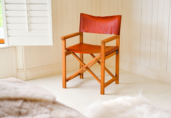 Director Chair Honey Oak Wood Cognac Leather Sling Coastal Rustic