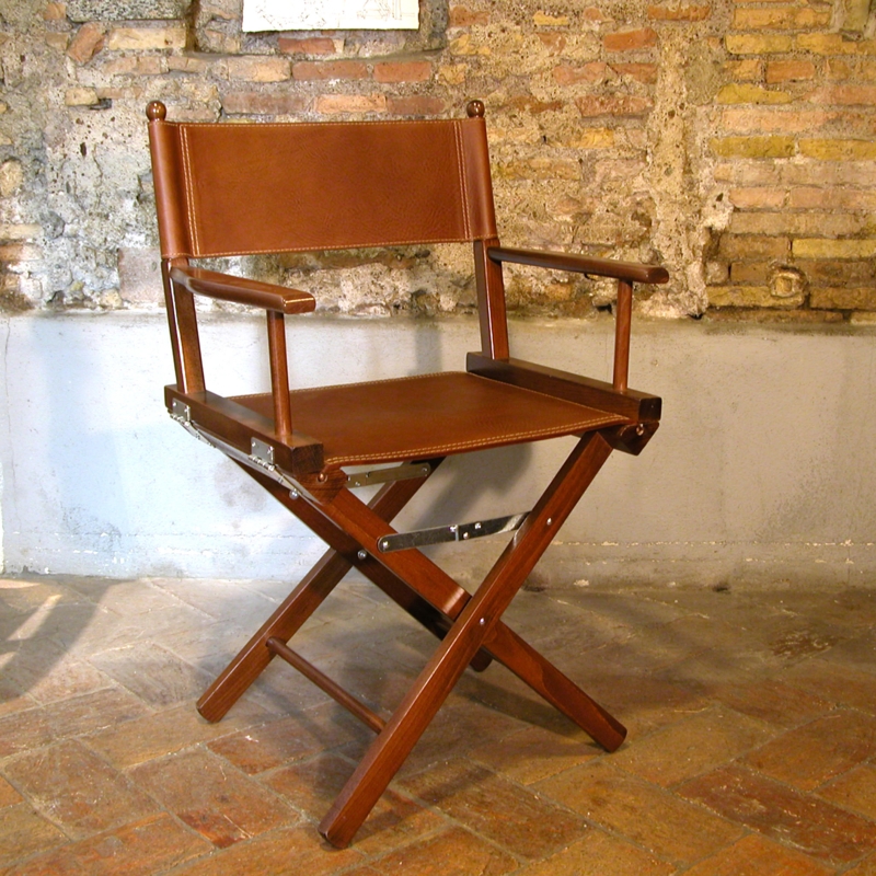 Directors Chair Chestnut Brown Leather Like Wood Crossbar Footrest