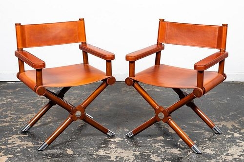 Directors Chair Chrome Tips Cognac Leather Like Padded Armrests