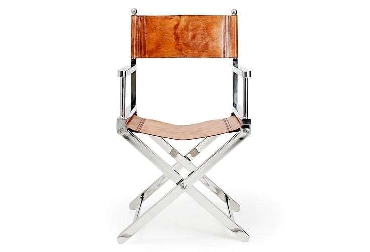 Directors Chair Polished Metal Frame Cognac Leather Like Ball Finials