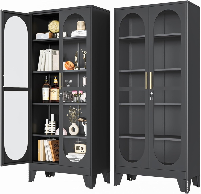 Display Cabinet Arched Glass Matte Black Gold Handles Tapered Legs