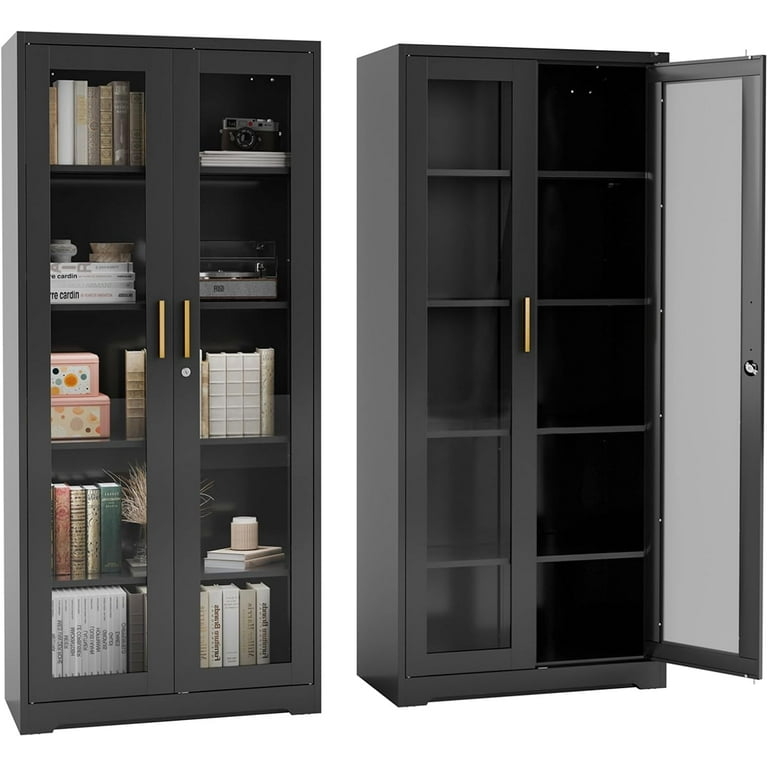 Display Cabinet Matte Black Metal Slim Brass Handles Locking