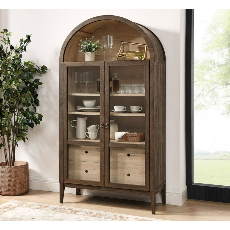 Display Cabinet Mid-Century Arched Walnut and Oak Two-Tone Wood