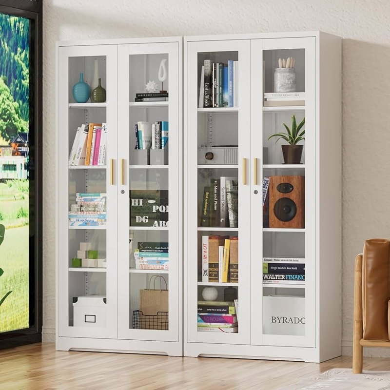Display Cabinet White Glass Pair with Gold Accent Hardware