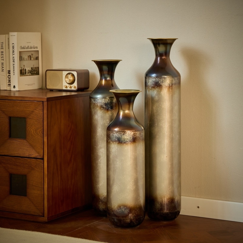 Distressed Bronze Floor Vases Set Ombre Patina Vintage Industrial