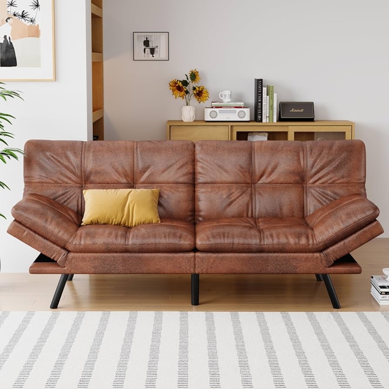 Distressed Leather Futon with Adjustable Angled Armrests, Tufted