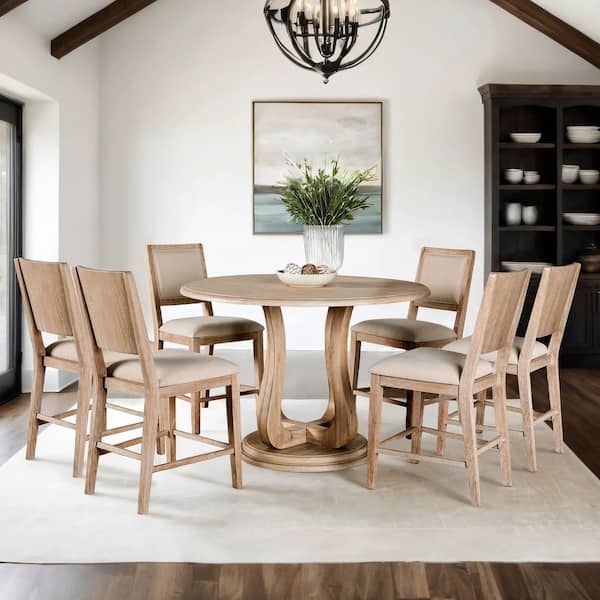 Distressed Natural Wood Dining Set Round Pedestal Curved Legs