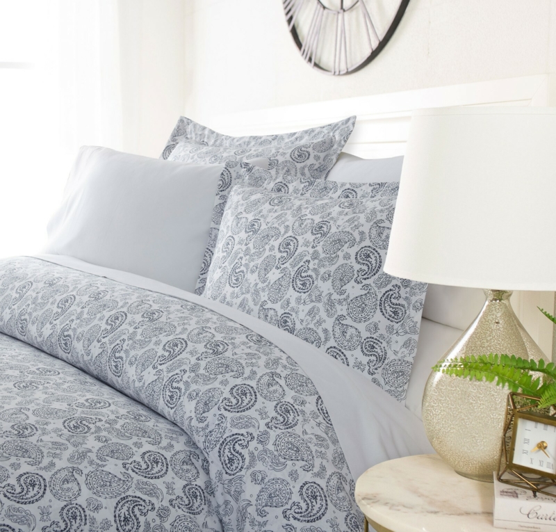 Distressed Paisley Duvet Set: Light Grey with Mercury Glass Lamp Styling