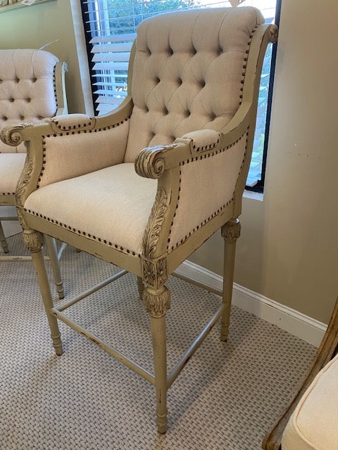 Distressed Sage Bar Chair Ornate Carvings Diamond Tufted Linen.