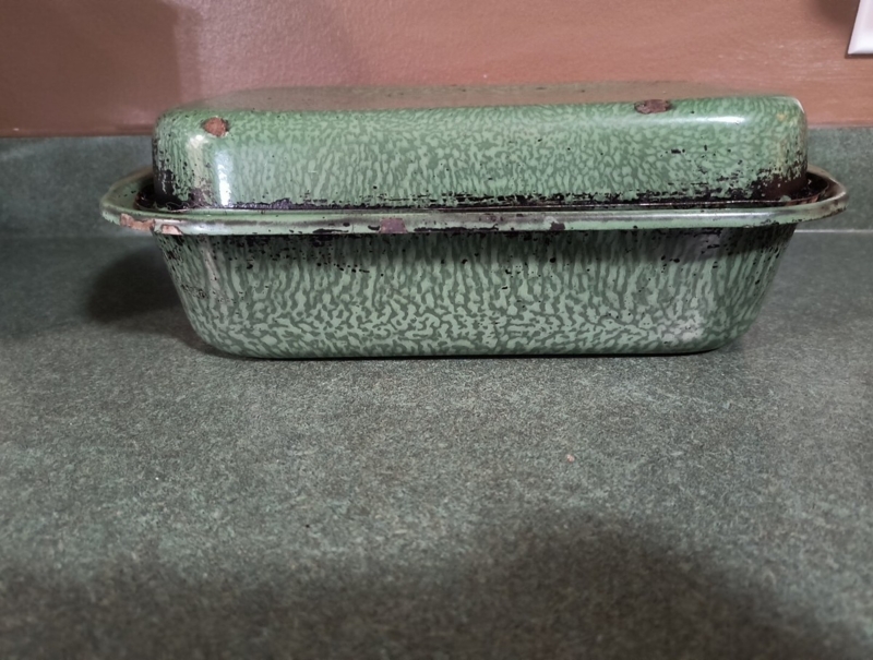 Distressed Sage Roaster Mottled Enamel Rolled Rim