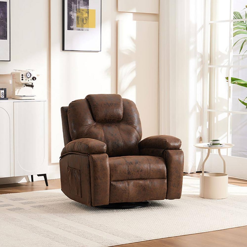 Distressed Swivel Recliner with Side Pocket & Padded Arms