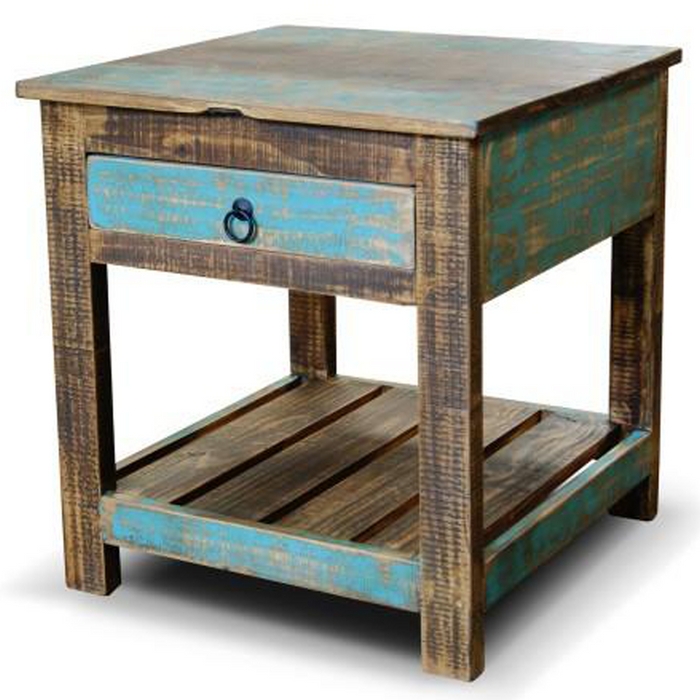 Distressed Teal Side Table Slatted Shelf Ring Pull