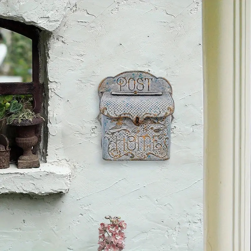 Distressed Wall Mailbox Mesh Lid Detail Metal Aged Blue Farmhouse