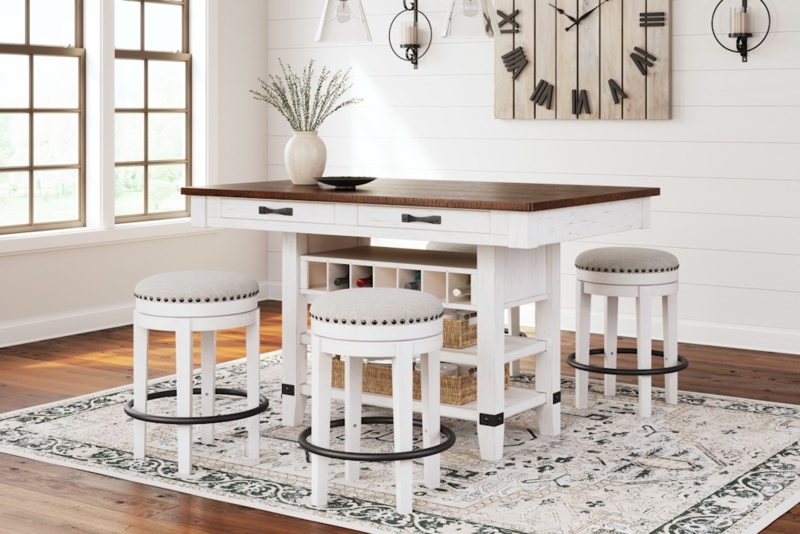 Distressed White Breakfast Set with Nailhead Trim and Wine Rack