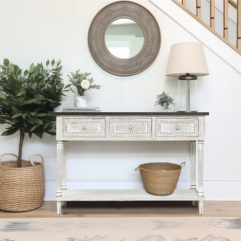 Distressed White Console Table featuring Fluted Legs and Charcoal Top