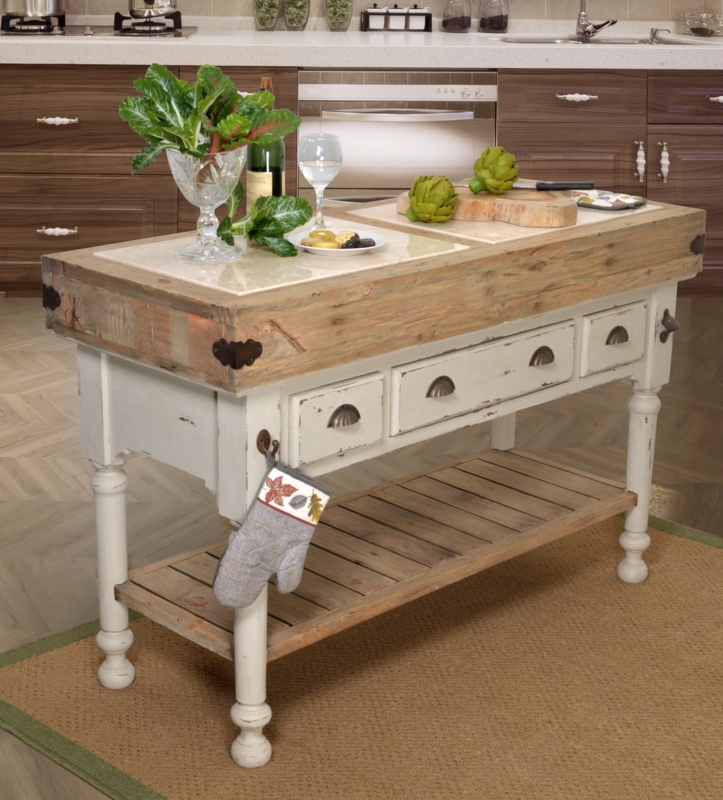 Distressed White Kitchen Island with Marble Inserts and Thick Timber Top