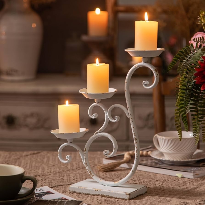 Distressed White Scrolled Iron Candelabra for French Country Decor