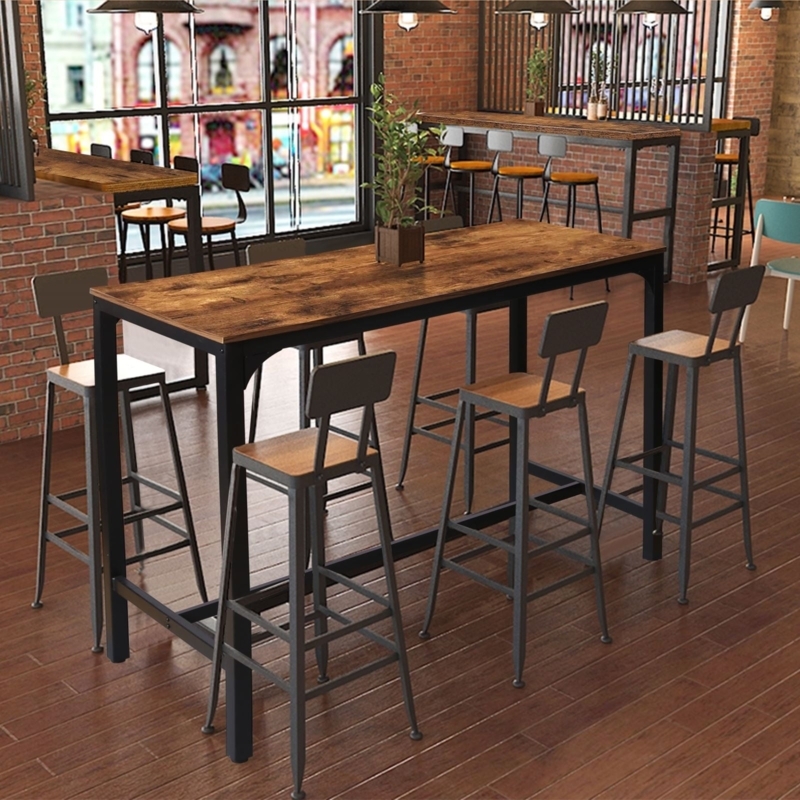 Distressed Wood Bar Table Metal Frame Floor Stretcher Loft Style