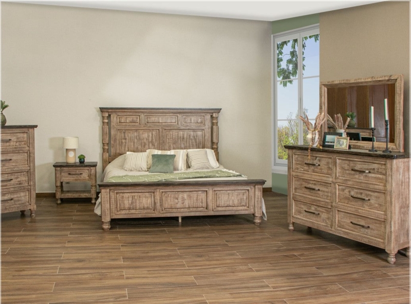 Distressed Wood Bedroom Set: Weathered Oak with Contrasting Dark Tops