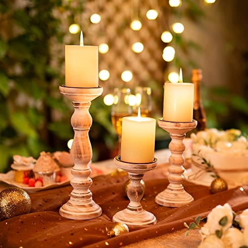 Distressed Wood Pillar Holders, Coastal Shabby Chic Graduated Heights