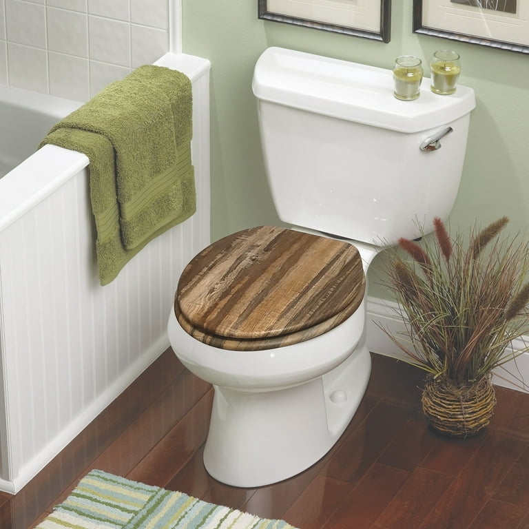 Distressed Wood Toilet Seat: Round Farmhouse Style Lid Walnut Finish.
