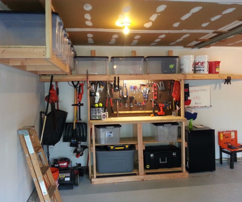 DIY Garage Workbench with Overhead Storage and Pegboard