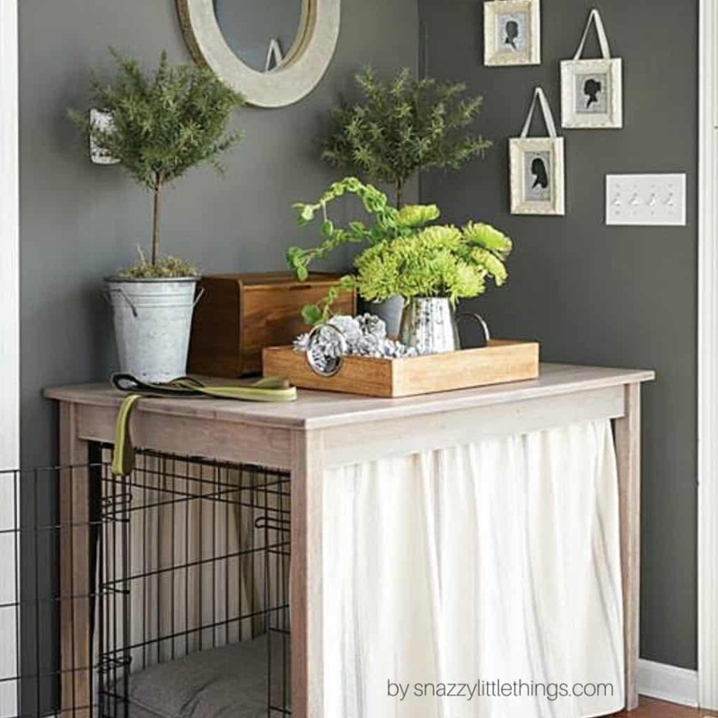 DIY Style Dog Crate Enclosure Whitewashed Wood Console Fabric Skirt