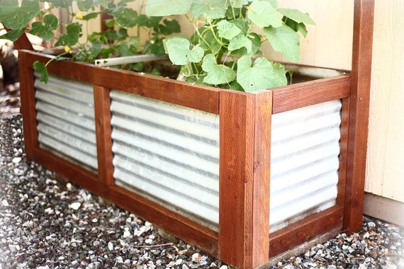 DIY Style Wood Framed Planter with Corrugated Metal Inserts