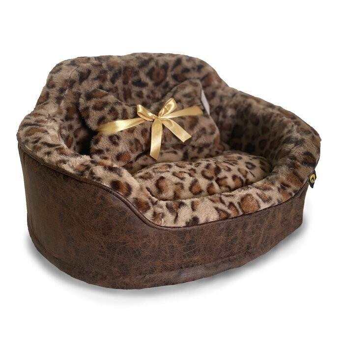 Dog Bed Bolster Distressed Leather Look Bone Pillow Leopard Lining