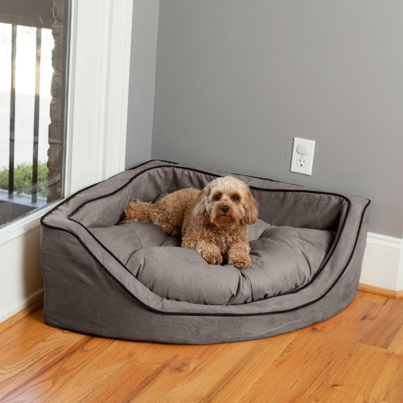 Dog Bed Corner Fitting Microsuede Charcoal Grey Space Saving Design