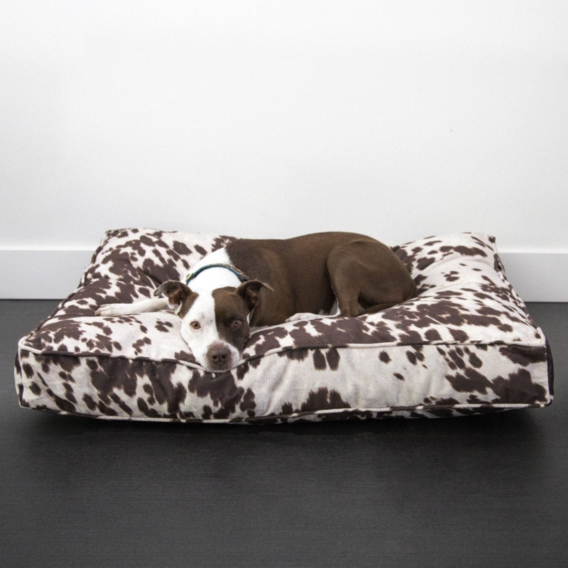 Dog Bed Cowhide Pattern Rectangular Welted Piping Plush Floor Pillow