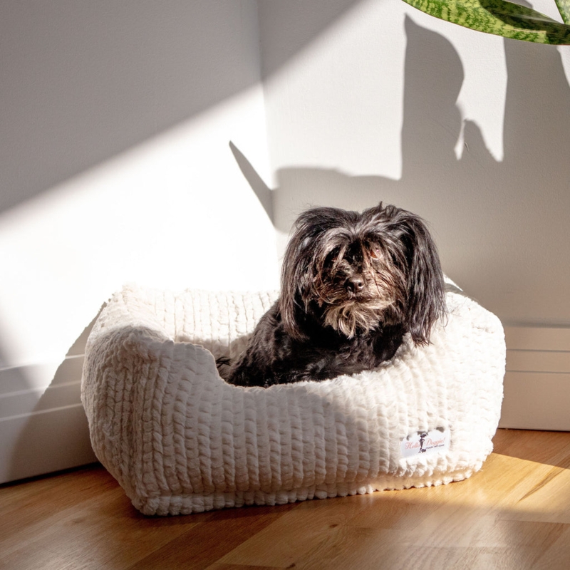 Dog Bed, Ivory Plush, Ribbed Channel Texture, High Bolster