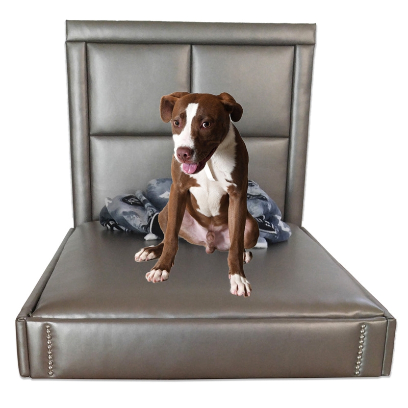 Dog Bed Metallic Silver Leather-Like Paneled Headboard Glam Luxury