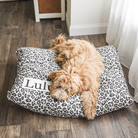 Dog Bed Personalized Name Patch Gray Leopard Print Floor Cushion Boho