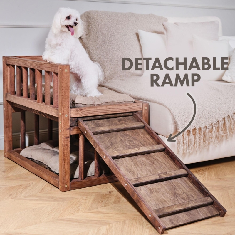 Dog Bed Platform Two Tier Design Walnut Brown Detachable Ramp Safety Railing