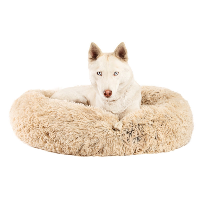 Dog Bed, Warm Beige Donut Shape, High Pile Plush Shag
